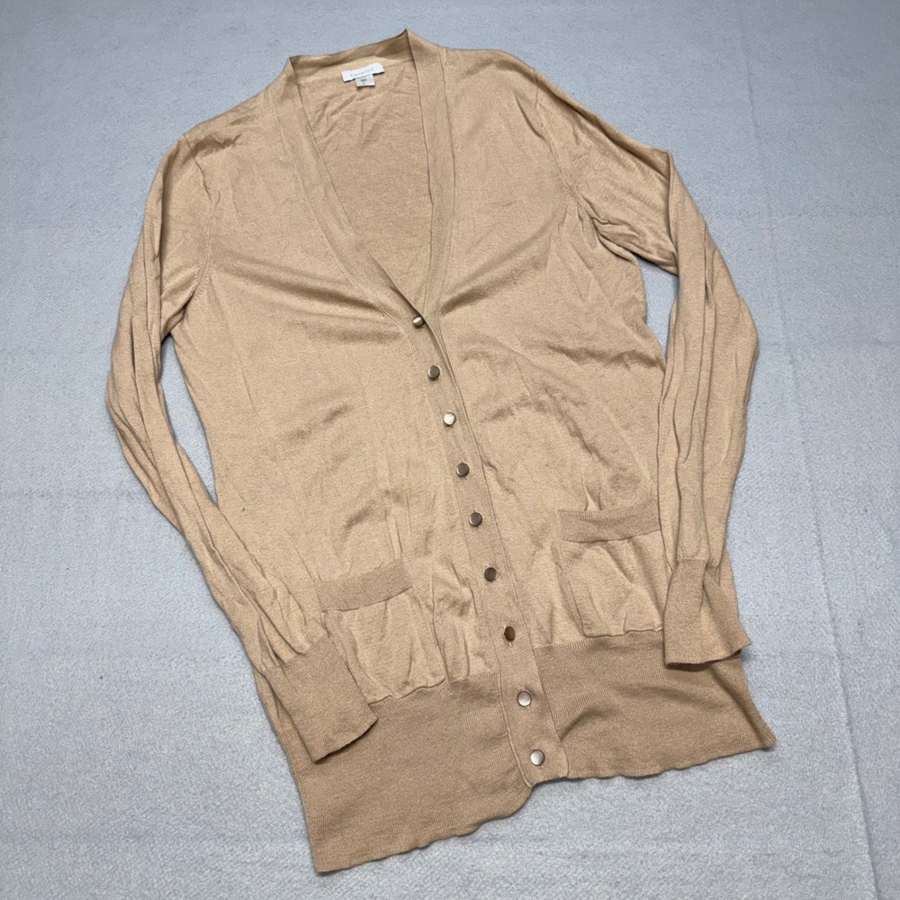 Garnet Hill Cardigan Women Large Tan Beige Cotton V-Neck Longline Pockets